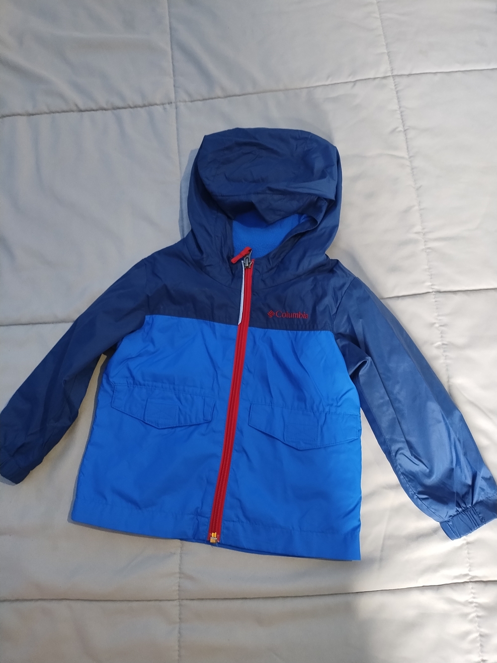 Columbia Kids' Two-Tone Blue Hooded Rain Jacket with Red Zip